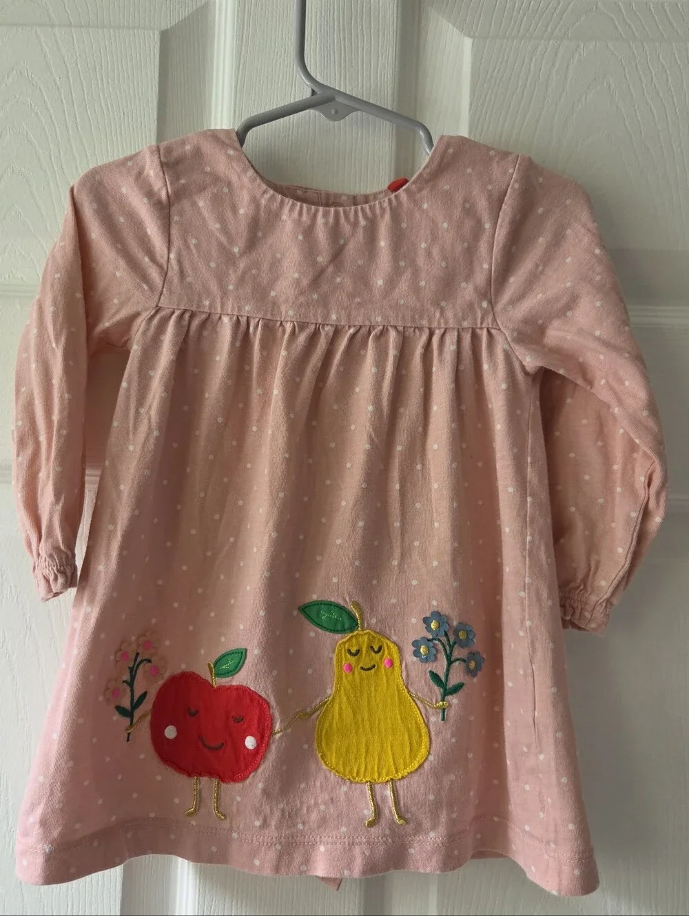 Baby Boden Girls Pink Dot Apple & Pear Applique Long-Sleeve Dress